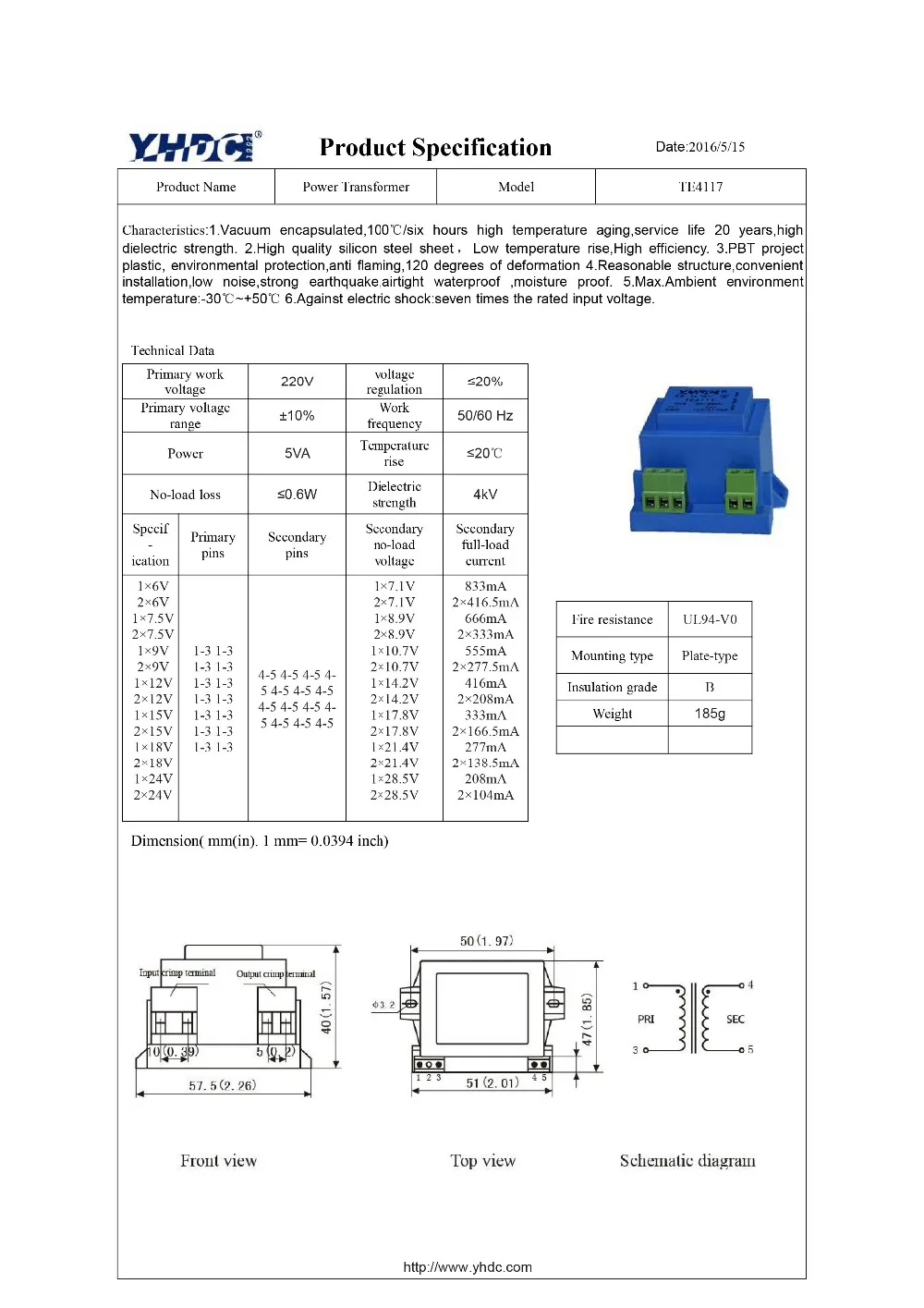 YHDC TE4117 мощность 5VA вход 230В выход 7 5 в вакуумная эпоксидная инкапсулированная PCB