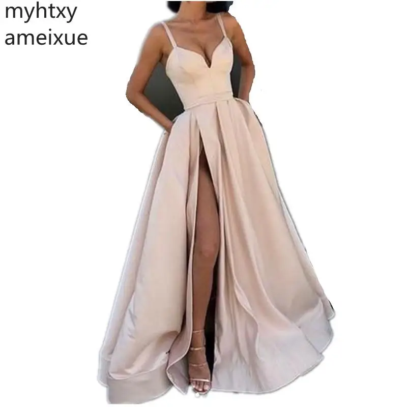 

Sexy Straps Floor Length Court Train Plus Size Evening Gown Dresses For Women A-Line Side Slit Satin Long Party Gowns For Prom