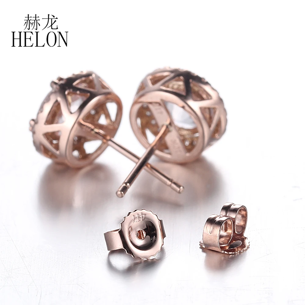 HELON Real Morganite 6 мм круглые Твердые 10 к розовое золото женские украшения изящная с бриллиантами серьги Halo обручальные ювелирные изделия серьги