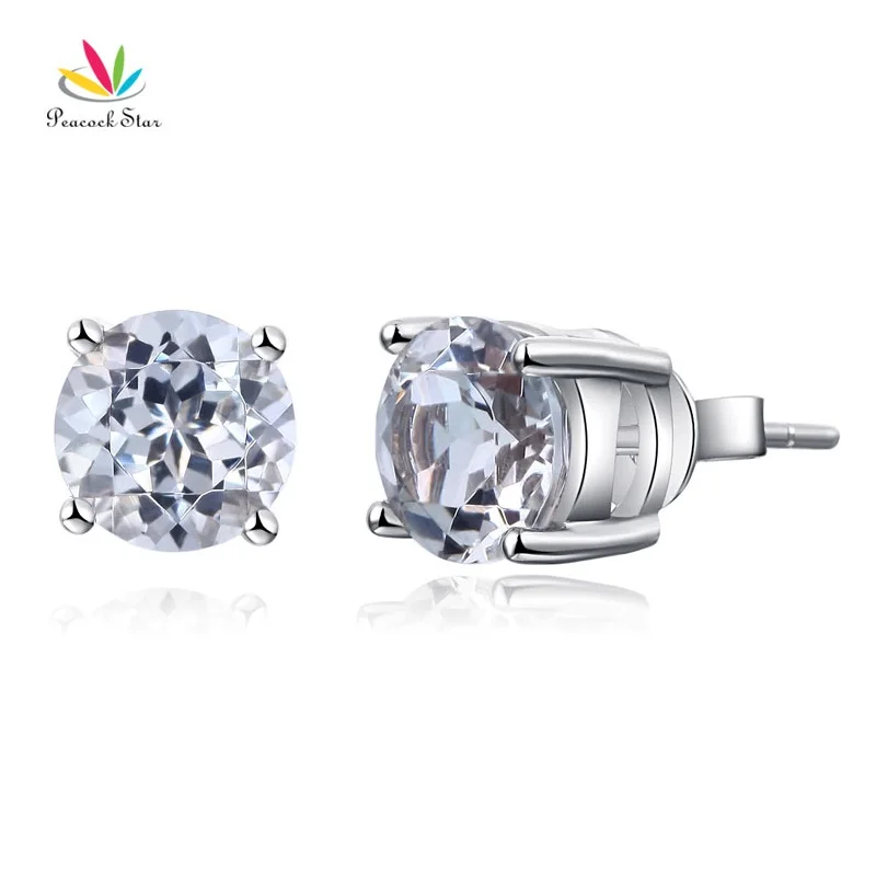 Серьги гвоздики из белого золота 14 к с павлиньими звездами натуральный чистый