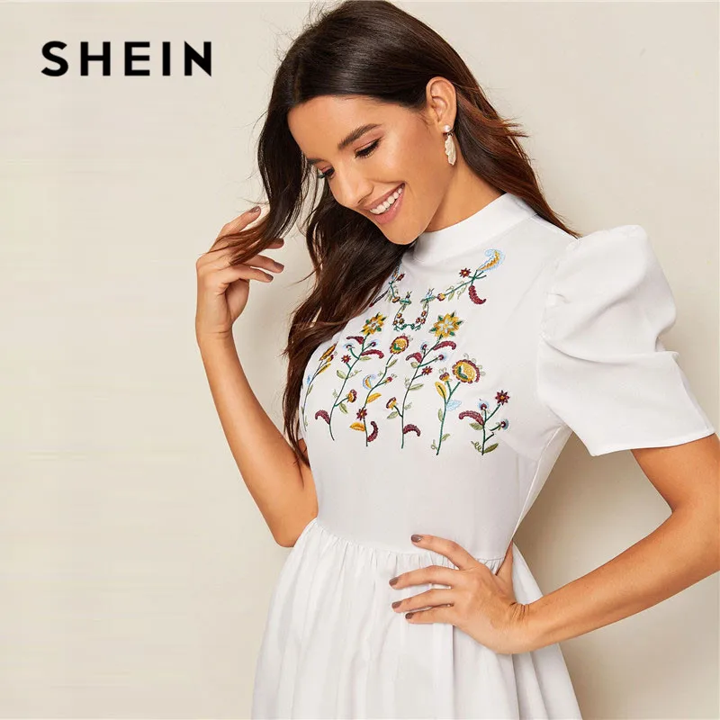 SHEIN модное платье макси с вышивкой и буфами на рукавах, женское скромное белое платье трапециевидной формы с высокой талией, женские летние длинные платья
