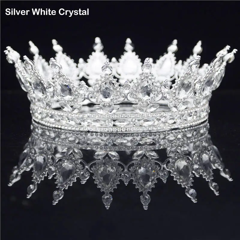 Silver White Барокко Королева Король невесты тиара Корона головной убор выпускного вечера свадебные диадемы и короны Театрализованное украшение для волос аксессуары - Окраска металла: Silver White