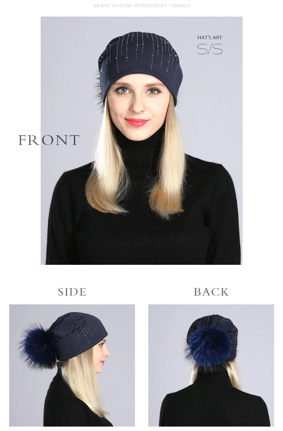 Geebro осень Для женщин круглые стразы хлопок головные уборы Beanies шапка из натурального енота помпонами из меха теплая зимняя шапка с помпоном из натурального меха
