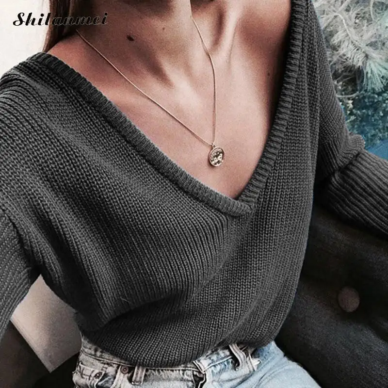 Deep V Neck Sexy Knitted Sweaters And Pullovers Women Autumn Winter Long Sleeve Solid Pink Yellow Blue Pull Femme Causal Sweater | Женская