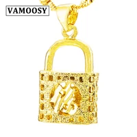 lucky blessing longevity lock necklaces for women men 24k gold color 2018 new fashion jewelry prayer blessing pendant for child