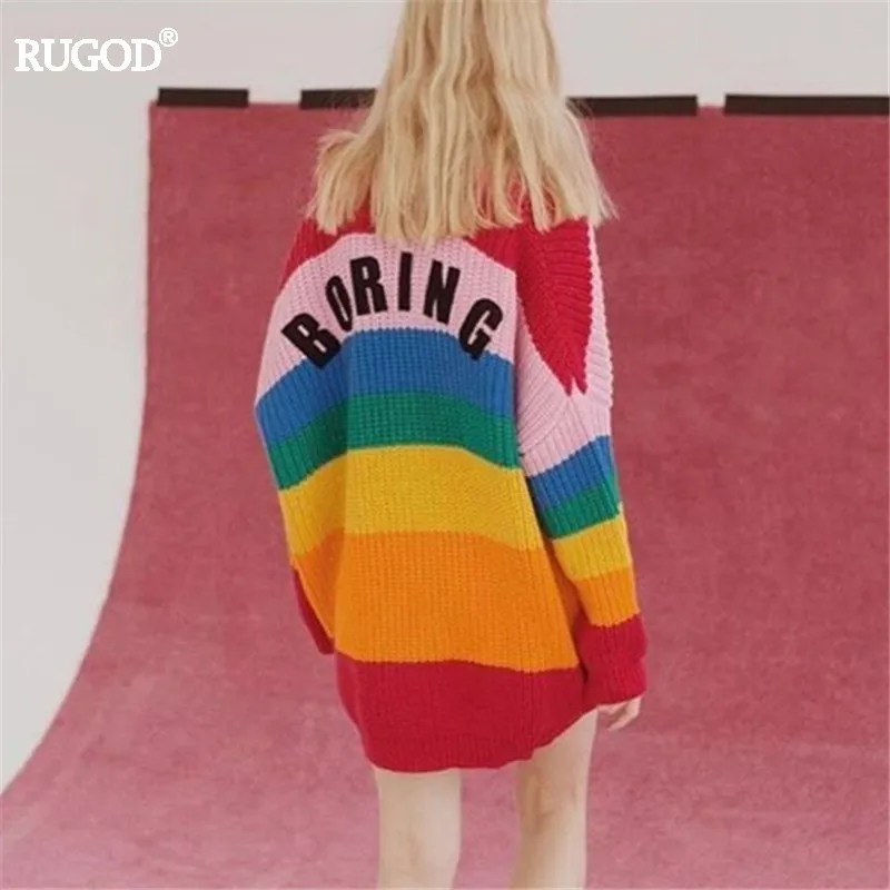 Rugod 2019 Rainbow Cardigan Women Sweater Loose Letter Print Knitted Tops Femme Brand Casual Poncho Open Stitch |