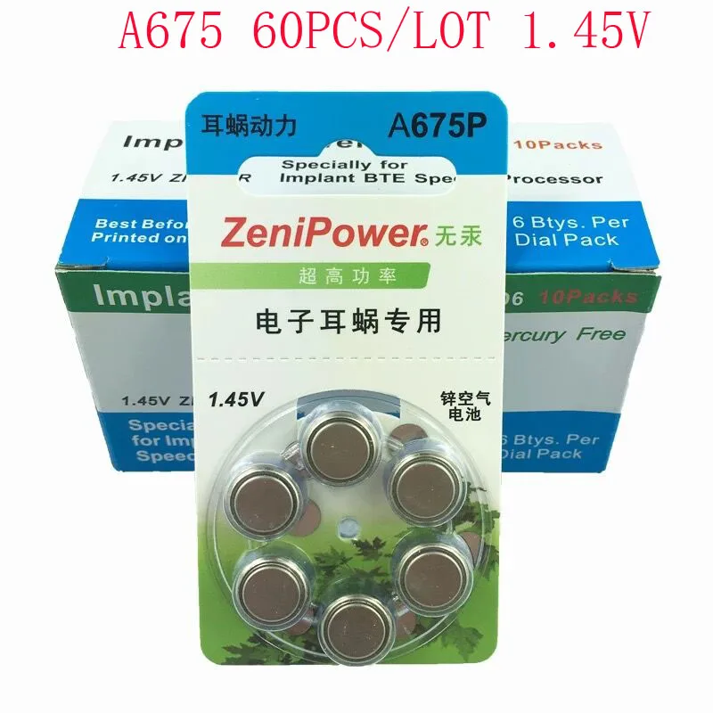 60 шт. батареи ZeniPower Cochlearar для слухового аппарата. Цинковая батарея Air 675P/A675P/PR44P