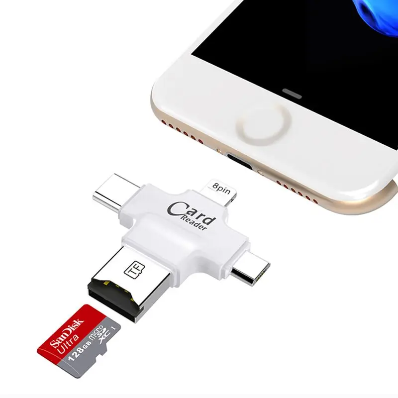 Kismo 4 in 1 OTG Memory Card Reader Micro SD TF  USB Type-C OTG Card Reader Adapter for iPhone X 8 7 6 Plus S8 S9 Note 8  S6 S7