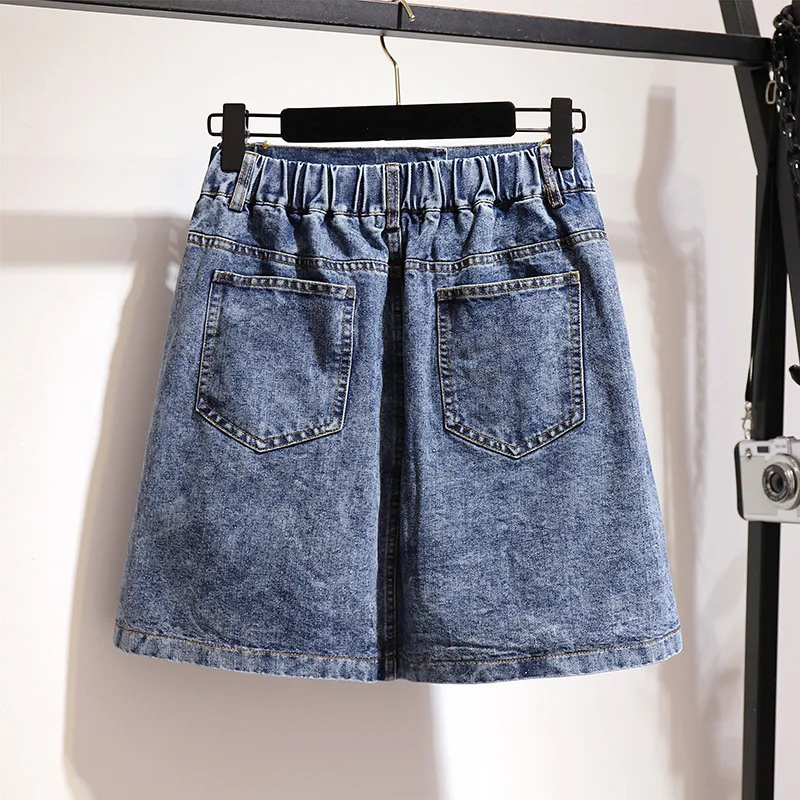 Женская джинсовая юбка с высокой талией трапециевидная мини поясом на резинке и