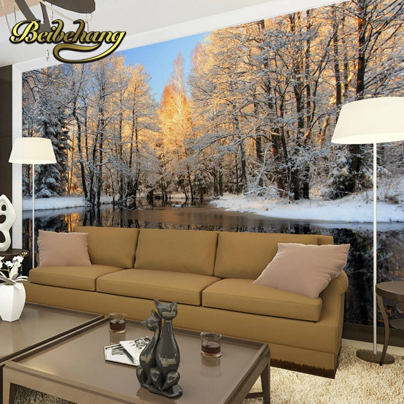 beibehang  papel de parede. winter landscape birch tree forest and river pattern snow scenery style photo murals wallpaper