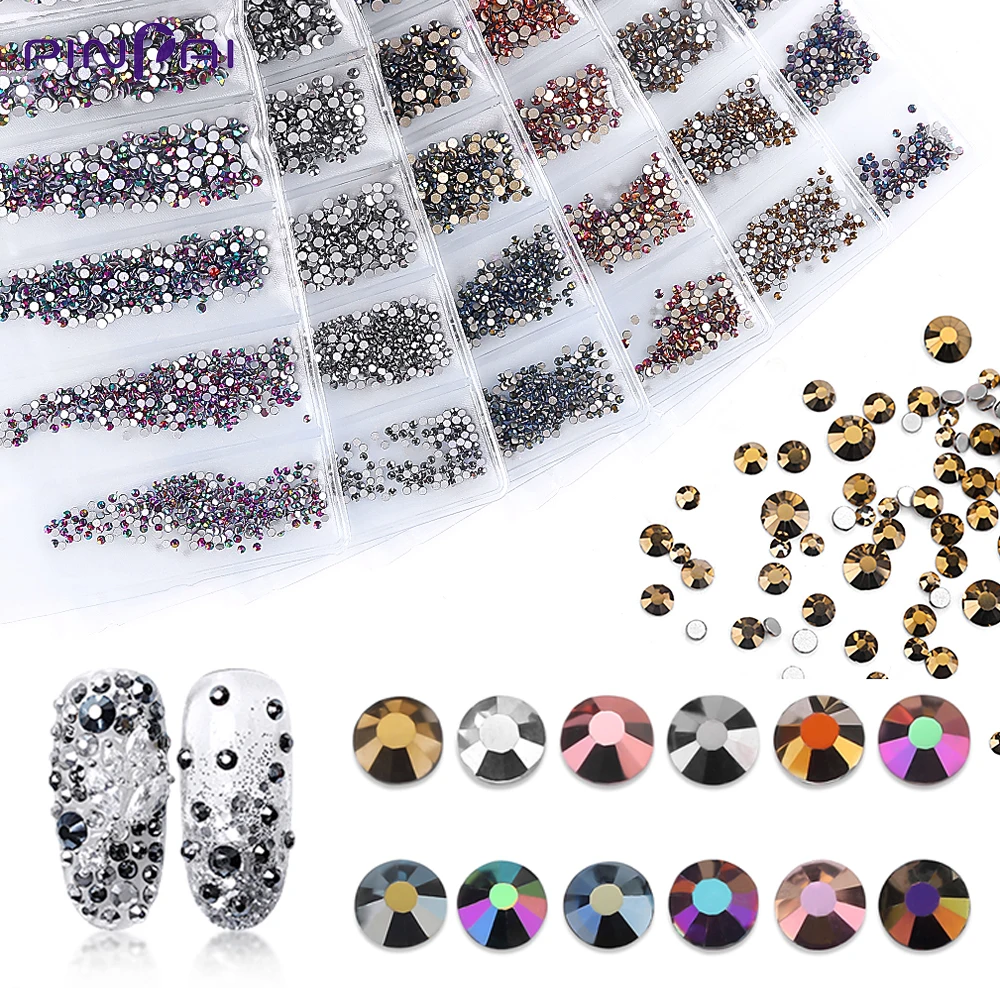

1440 Pcs/Set 6 Size Glitter Flatback Glass Nail Rhinestones for Nail Art Decorations Shiny Magic Color Gems Manicure Accessories
