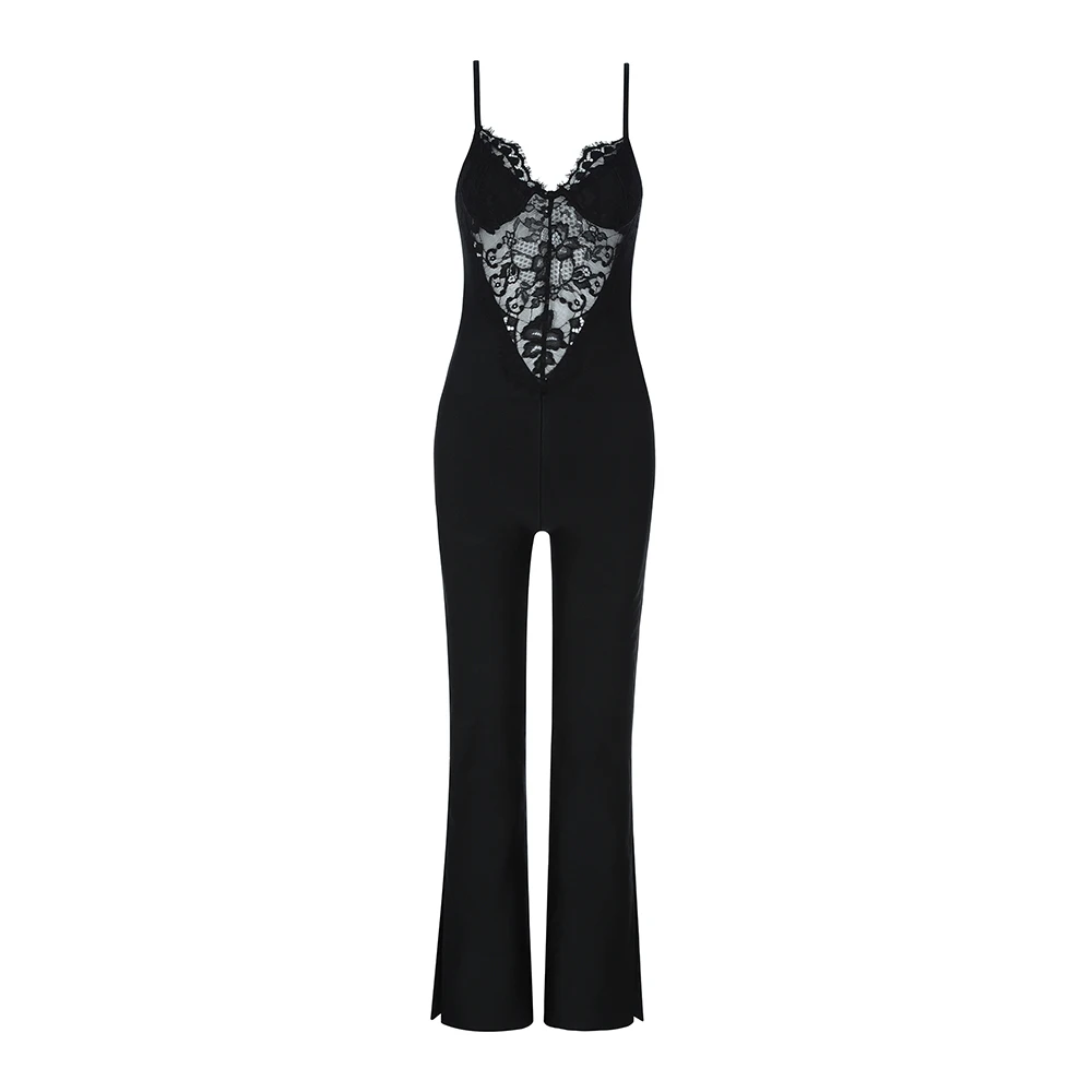 2020 Boot Cut Jumpsuit Sexy Celebrity Backless Spaghetti Strap Women Lace Slit Night Club Strapless Bodysuit Wholesale | Женская одежда
