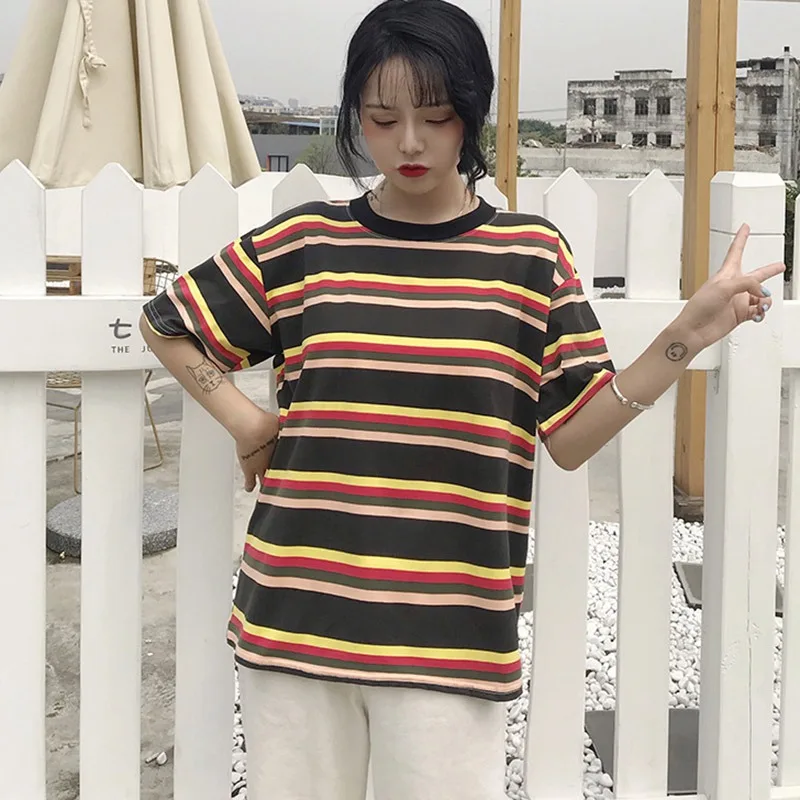 2019 Summer Stripe Printed T shirts Women Casual Loose tee shirt Harajuku O neck Short Sleeve Cozy Student Tee Tops femme|Футболки| |