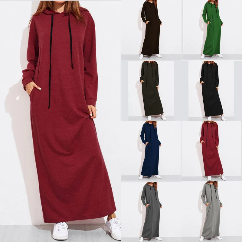 Женское платье с капюшоном, новинка, платья макси, повседневные пуловеры с длинным рукавом и капюшоном, свитшоты для женщин, Vestido Robe размера плюс, Топ