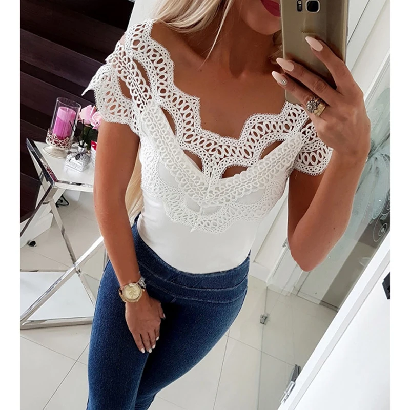 Женская футболка с коротким рукавом летняя кружевная Комфортная Повседневная