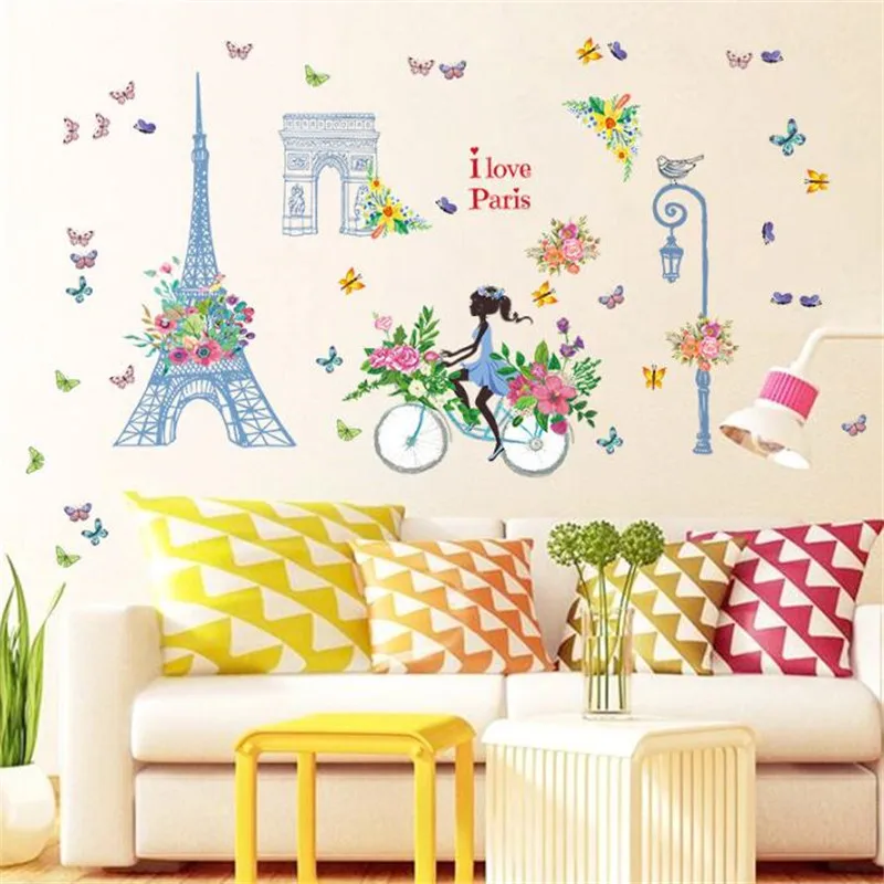 IDFIAF девушка езда велосипед Бабочка Цветы наклейки на стену для детей комнаты