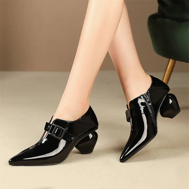 

Meotina High Heels Women Pumps Patent Leather Zip Strange Style High Heels Shoes Buckle Pointed Toe Pumps Female Fall Size 34-42