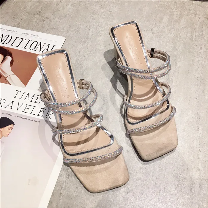 Slippers Heels Ladies Flip Flops Slides Woman Shoes Luxury Flock Square heel High Flip-flops Sliders Summer Designer Crystal