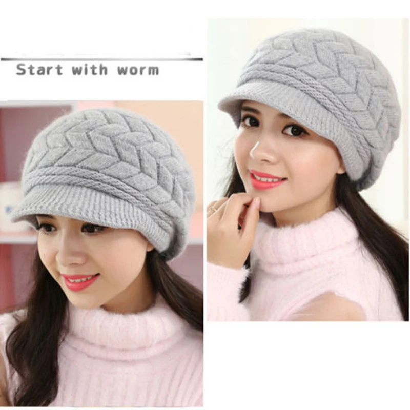 

Fashion Lovely Cute Princess Casual Women Ladies Visors Caps Knit Solid With Fur Warm Hat 8 Colors Outfit Fall Winter