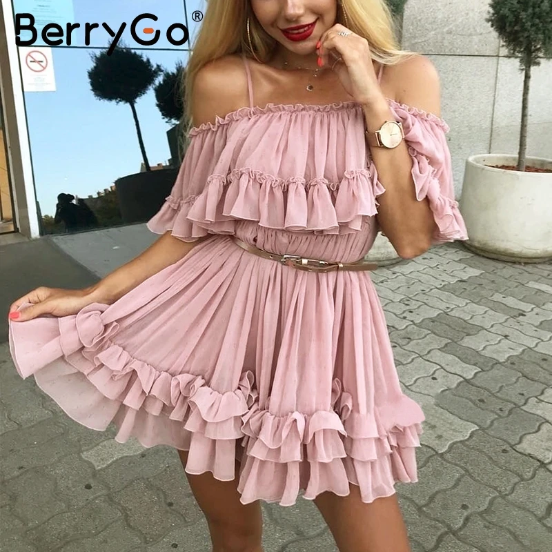 BerryGo элегантное женское платье с оборками и открытыми плечами повседневное