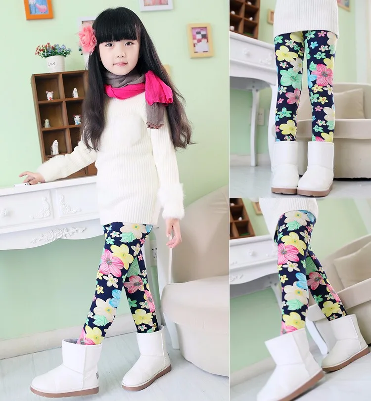 SheeCute/Новая модная зимняя одежда для детей от 3 до 9 лет; теплые хлопковые брюки для девочек; Детские утепленные брюки с цветочным принтом; Леггинсы с принтом