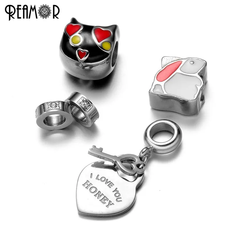 REAMOR 316L из нержавеющей стали красочные эмалевые Мультяшные бусины кошка Подвески