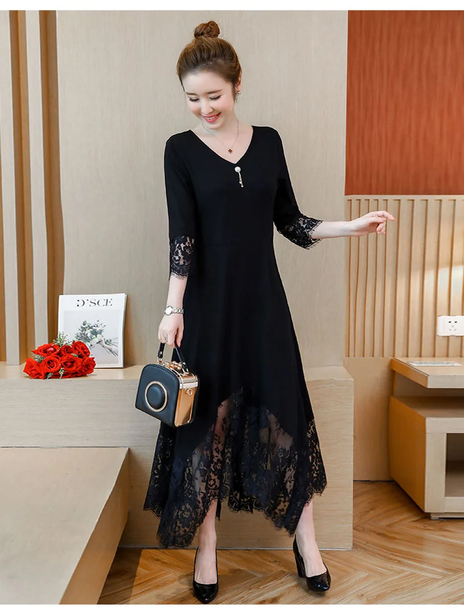 L 5xl черного цвета осенние женские элегантные размера плюс с кружевом и коротким