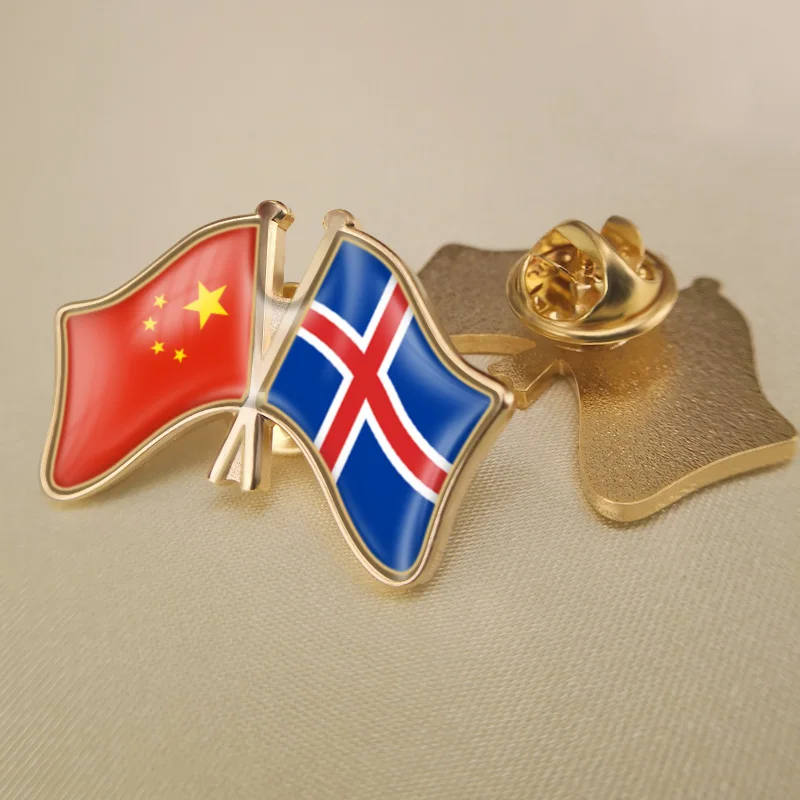 

China and Iceland Crossed Double Friendship Flags Lapel Pins Brooch Badges