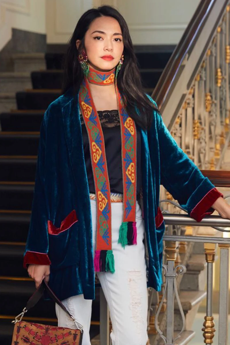 Женский бархатный кардиган с бахромой повседневный Свободный карманами и