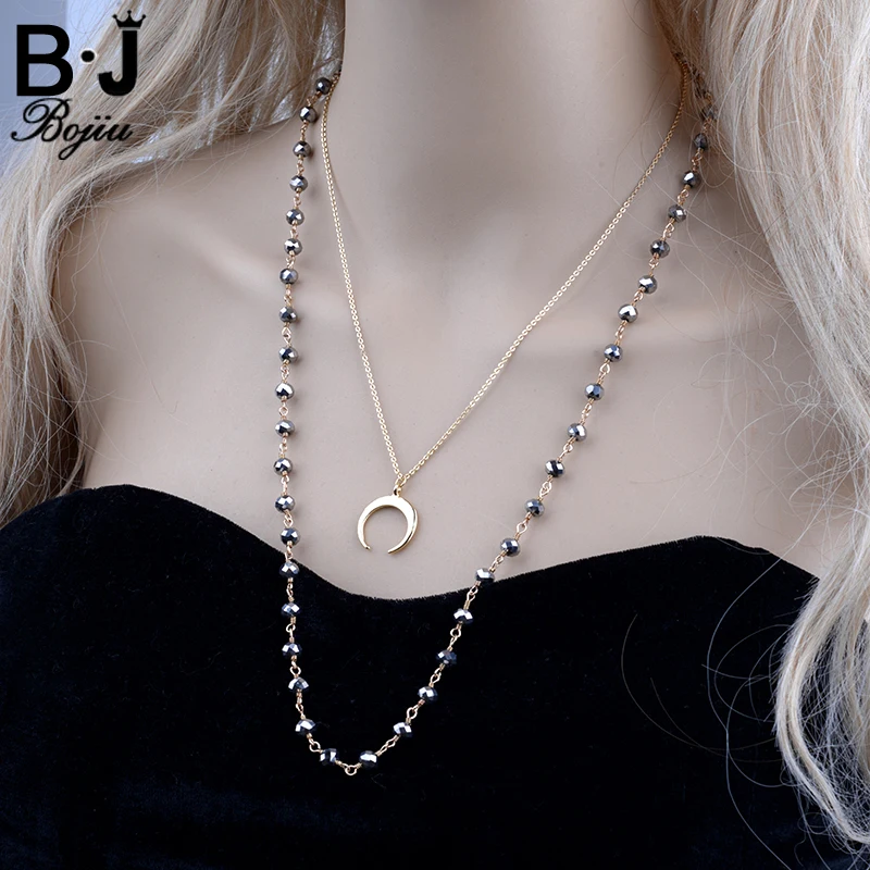 

Ожерелье с подвеской BOJIU, ожерелье с кристаллами, двухслойная цепь, ожерелье для девочки, ожерелье полумесяц с медной цепочкой NKS098