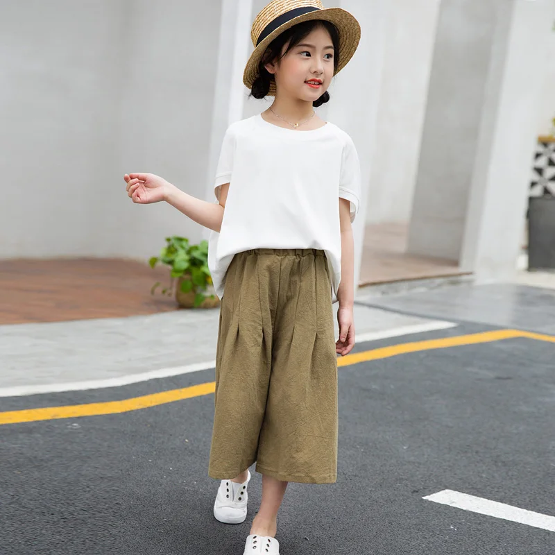 Clothing Sets Одежда для подростков, девочек из хлопчатобумажной ткани, раздел-футболки, с клетчатыми пуговицами, широкие штаны для мальчиков 6 8 10 для детей 12 лет, пижамные костюмы Летний для девочек школьная одежда для подростков комплекты - Цвет: Clothing Sets