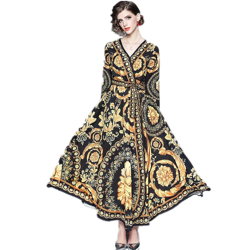 

JSXDHK Baroque Style Pretty Printed Flower Big Swing Women Long Dress Elegant Autumn Long Sleeve Loose Dress Runway Maxi Dress