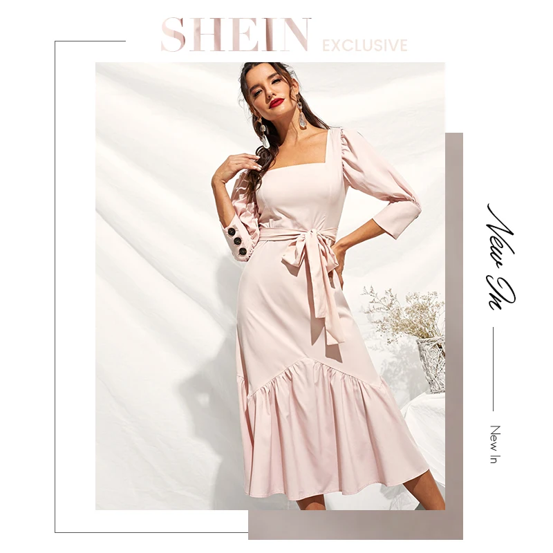 SHEIN платье с оборками и пышными рукавами, с поясом, приталенное и расклешенное,, элегантное, весна-осень, квадратный вырез, женские летние длинные платья
