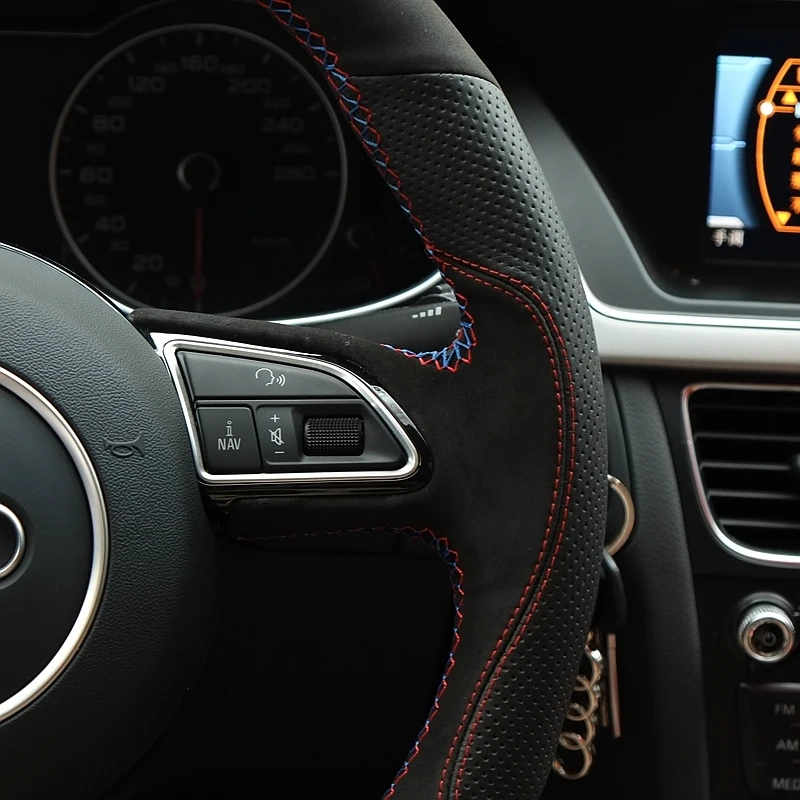 

Hand Sew Black Suede Black Holes Leather Car Steering Wheel Cover for Audi A1 A3 A5 A7