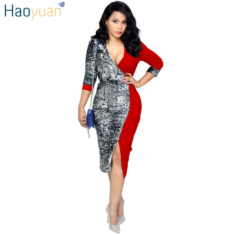 HAOYUAN, сексуальное платье с блестками, женская одежда, Новое поступление, черное, красное, облегающее, Бандажное платье, OL, для офиса, для ночного клуба, миди, Платья для вечеринок