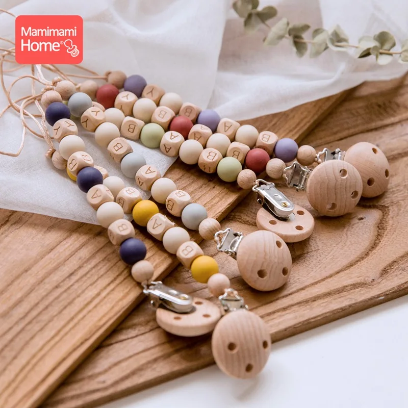 Mamihome 2pc Baby Wooden Teether Rattle Pacifier Clip Chain Bpa Free Beech Rodent Silicone Beads Personalized Name Soother Clasp | Мать и