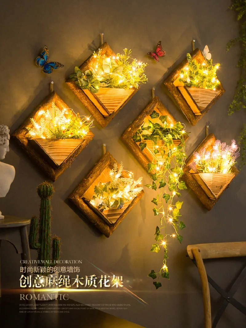 Творческое настенное деревянные ящики для цветов с пеньковой веревкой цветком