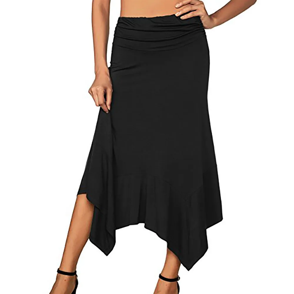 Черный Свободная Страусиная Женская однотонная струящаяся юбка-платок Hemline миди юбка с высокой талией длинная юбка женская повседневная юбка в стиле ампир - Цвет: Черный
