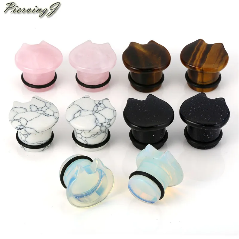 12mm Mixed Stone Set Пирсинг J, 5 пар сережек, органический натуральный камень, милые кошачьи ушки, растягивающие пробки, одиночные, расклешенные, телесные, тоннели для ушей, Калибр 2 г до 5/8 дюйма - Окраска металла: 12mm Mixed Stone Set