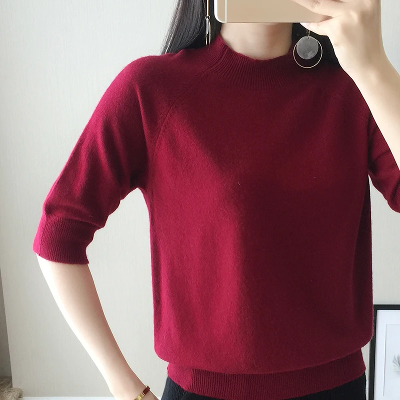 New Style Women's Knitted Cashmere Half Sleeve Sweater High Collar Slim Wool Solid Color Pullover Free Shipping | Женская одежда