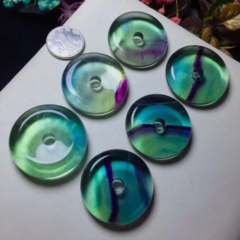 Бусины Из Натурального флюорита 30/40 мм круглые пончики фиолетовые и зеленые