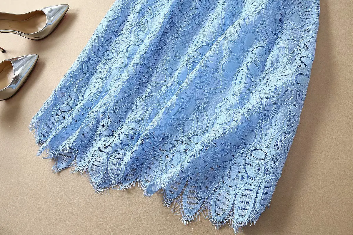 Women girls elegant blue glitter lace dress midi floral hollow out short sleeve summer shirt dresses