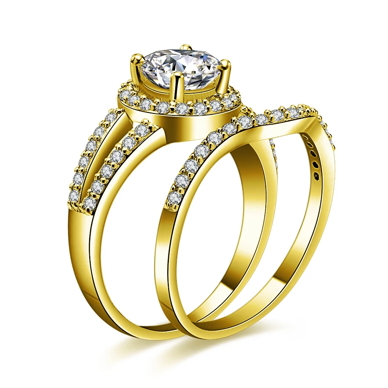 QYI 14k массивная, желтая, Золотая Halo Кольцо наборы 1ct круглая огранка роскошная женская сплит-лента обручальное кольцо для помолвки кольцо