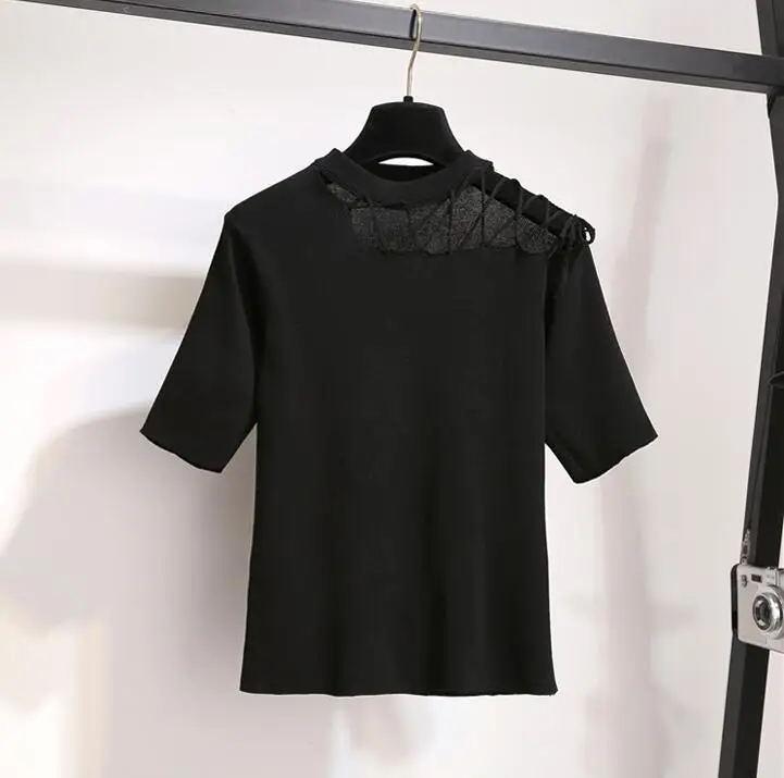 Only black tops Летний вязаный свитер, комплект из 2 предметов, с круглым вырезом, с открытыми плечами, с короткими рукавами, топ и пояс с бантом, свободные шорты, наряды, спортивный костюм для женщин - Цвет: Only black tops