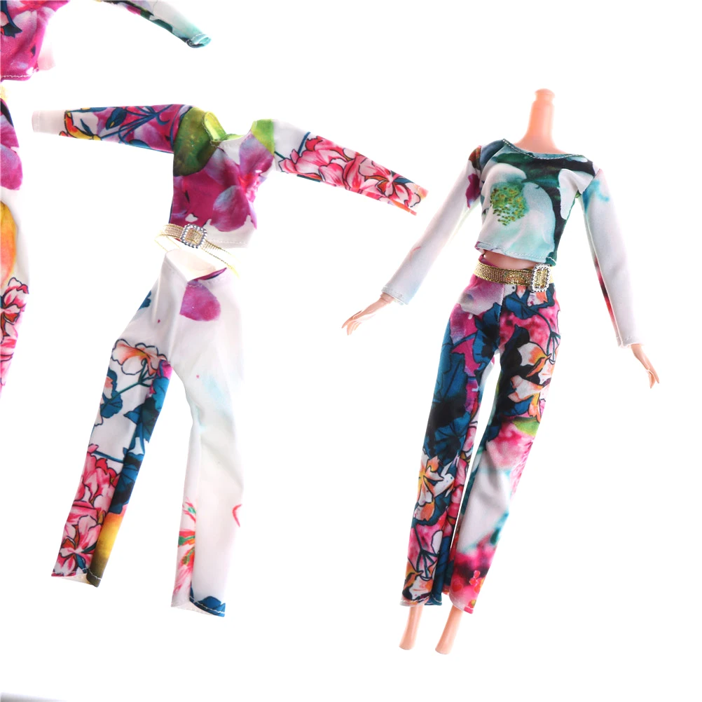Один комплект кукольный наряд с цветочным принтом длинные брюки + Топы модный