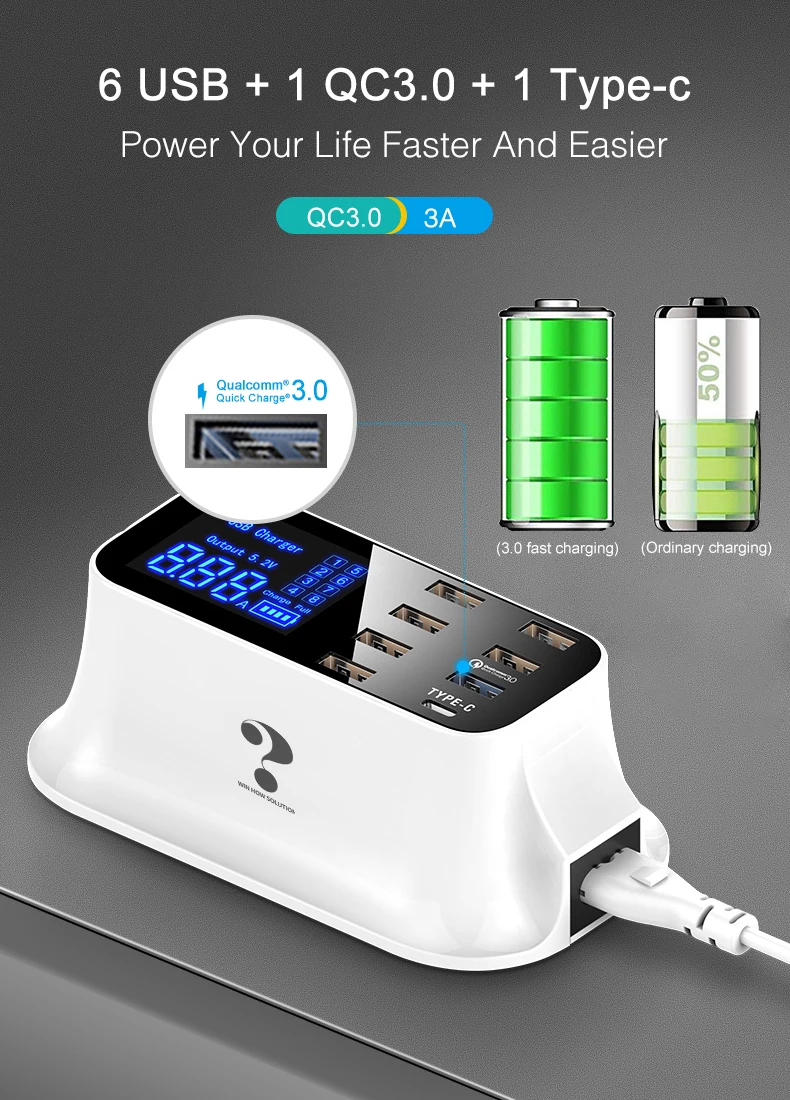 Быстрая зарядка 3,0 usb type C зарядное устройство со светодиодным дисплеем Быстрая зарядная станция телефон планшет USB зарядное устройство для iPhone samsung адаптер