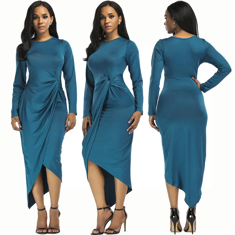 Женское Ассиметричное платье до середины икры однотонное свободное с длинным