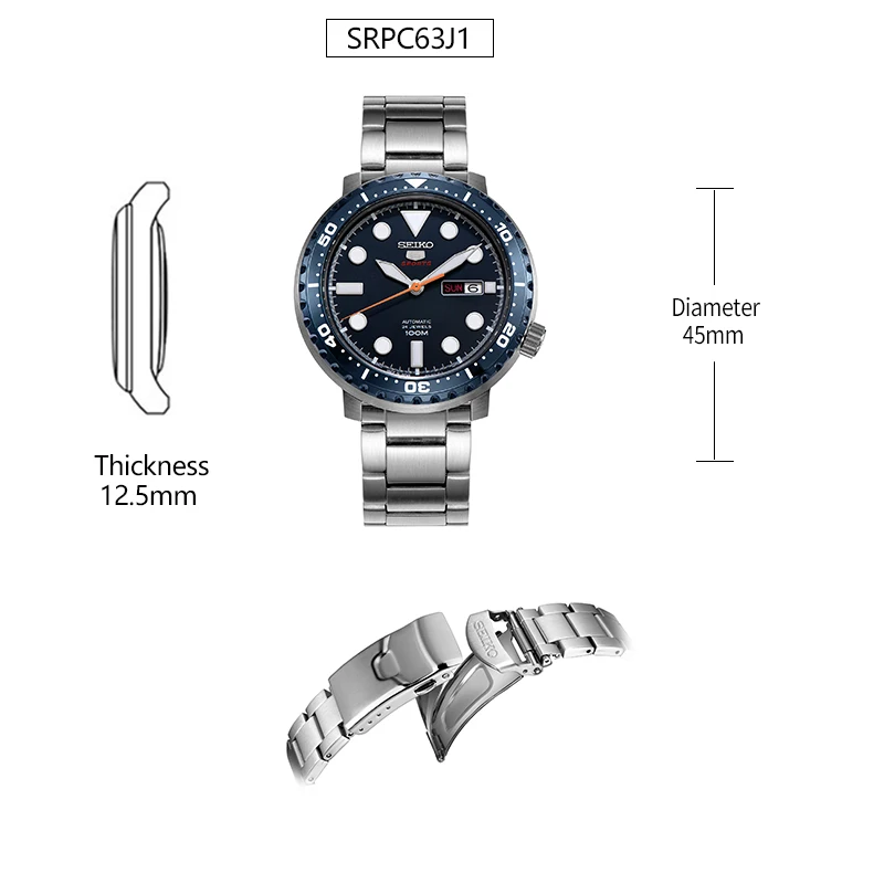 SRPC63J1 Оригинальные часы SEIKO5, спортивные, для дайвинга, плавания, автоматические механические наручные часы, два языка, календарь, мужские часы, гарантия - Цвет: SRPC63J1