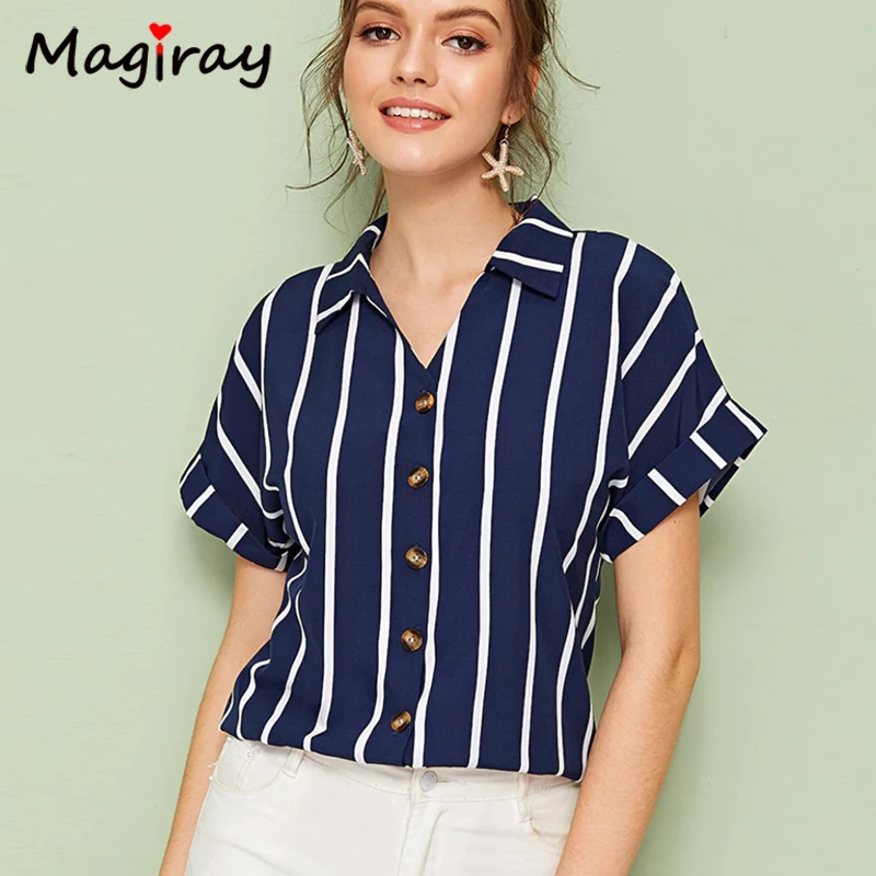 Magriay White Blue Striped Blouses Women Button Collared Batwing Sleeve Korean Elegant Chic Casual Shirts Female Office Top C210