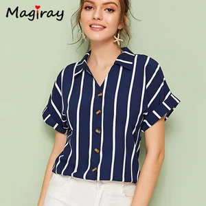 Элегантная повседневная рубашка Magriay, с воротником-стойкой и рукавами летучая мышь, белого и синего цвета, в Корейском стиле, для офиса, C210, женские блузки в полоску